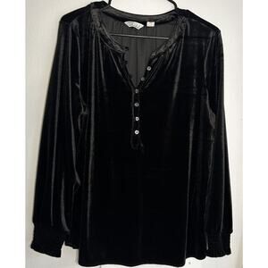 Caffé Marrakesh Black Velvet Henley Blouse Long Sleeve Flowy Whimsigoth Boho L
